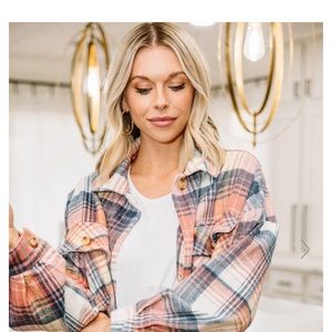 Soft shirt jacket plaid. Colors blue, cream, peach comfortable, not-worn medium